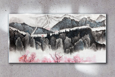 Foto glasbild Eine friedliche Berglandschaft mit Blumen