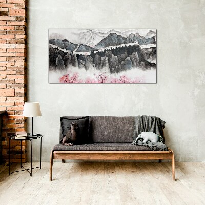 Foto glasbild Eine friedliche Berglandschaft mit Blumen