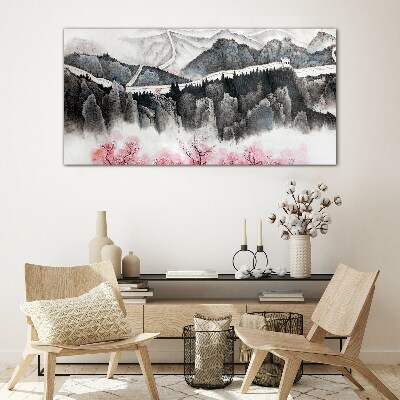 Foto glasbild Eine friedliche Berglandschaft mit Blumen