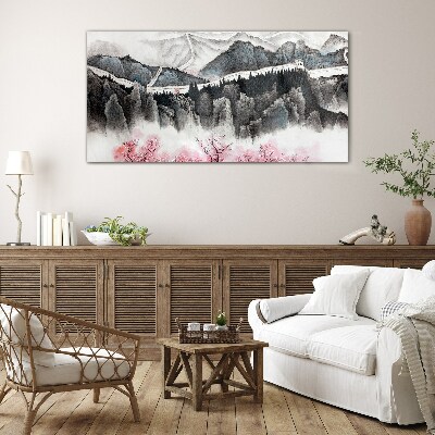 Foto glasbild Eine friedliche Berglandschaft mit Blumen