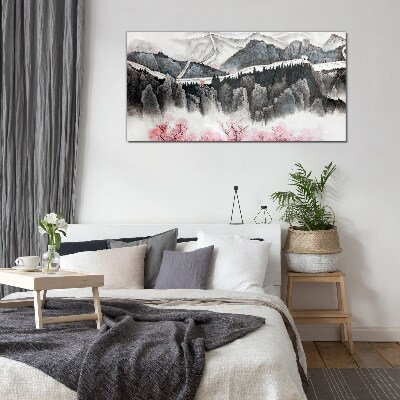 Foto glasbild Eine friedliche Berglandschaft mit Blumen