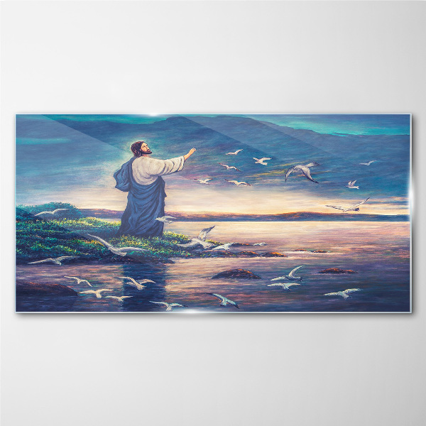 Glasbild Jesus am Ufer mit Vögeln