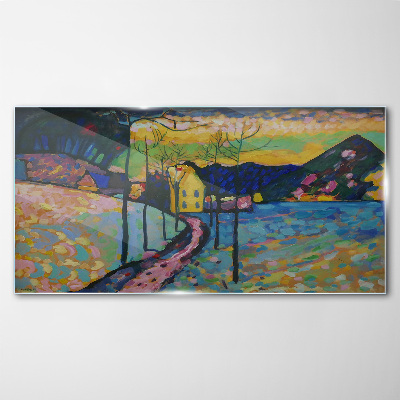 Bild auf glas drucken Bunte Landschaft mit einem Haus