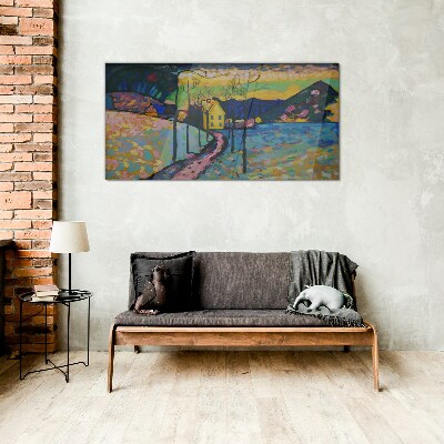 Bild auf glas drucken Bunte Landschaft mit einem Haus