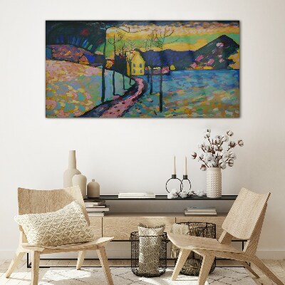 Bild auf glas drucken Bunte Landschaft mit einem Haus