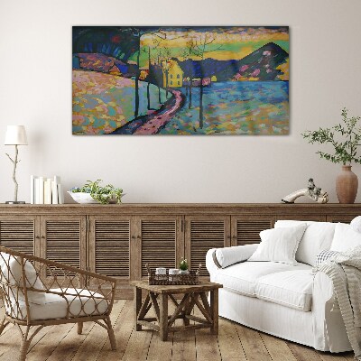 Bild auf glas drucken Bunte Landschaft mit einem Haus