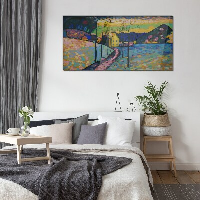 Bild auf glas drucken Bunte Landschaft mit einem Haus