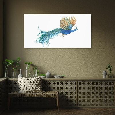 Glasbild Bunter Pfau in Bewegung
