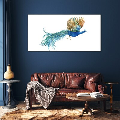 Glasbild Bunter Pfau in Bewegung