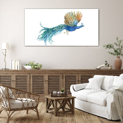 Glasbild Bunter Pfau in Bewegung