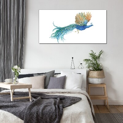 Glasbild Bunter Pfau in Bewegung
