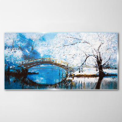 Foto auf glas Winter-Fluss-Bäume-Brücke