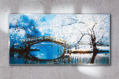 Foto auf glas Winterbrücke in blauer Landschaft