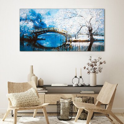Foto auf glas Winterbrücke in blauer Landschaft