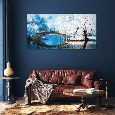 Foto auf glas Winterbrücke in blauer Landschaft