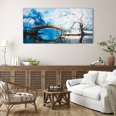 Foto auf glas Winter-Fluss-Bäume-Brücke