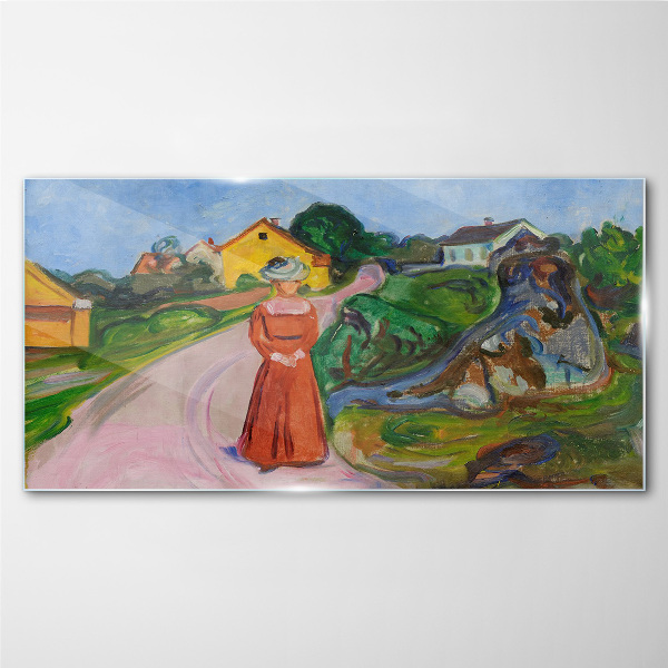 Glas bild Frau im roten Kleid von Munch