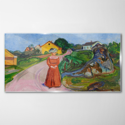 Glas bild Frau im roten Kleid von Munch