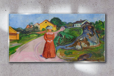 Glas bild Frau im roten Kleid von Munch