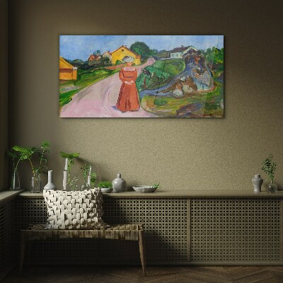 Glas bild Frau im roten Kleid von Munch