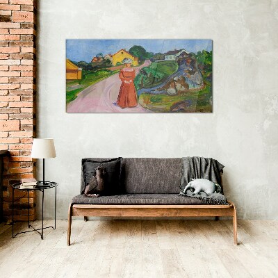 Glas bild Frau im roten Kleid von Munch