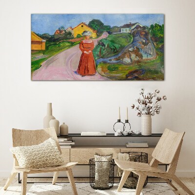 Glas bild Frau im roten Kleid von Munch