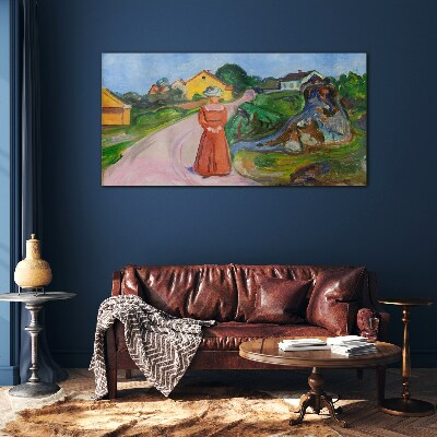 Glas bild Frau im roten Kleid von Munch
