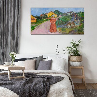 Glas bild Frau im roten Kleid von Munch