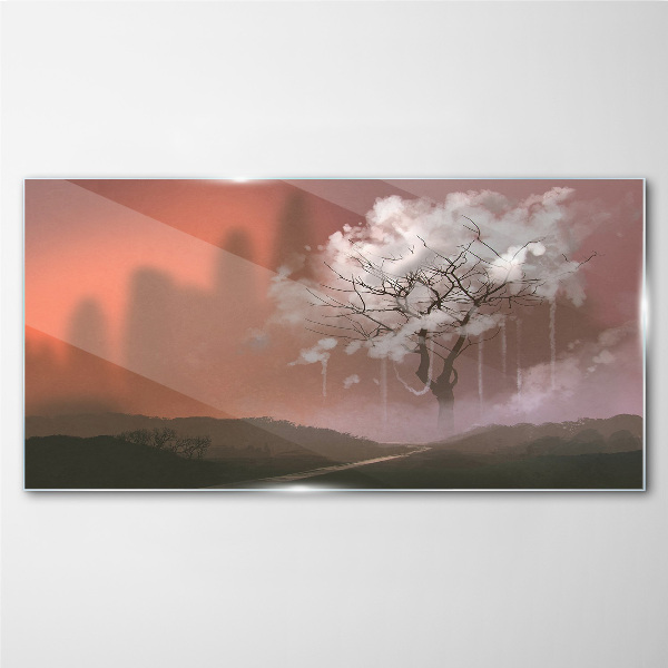 Glasbild Neblige Landschaft mit einem Baum