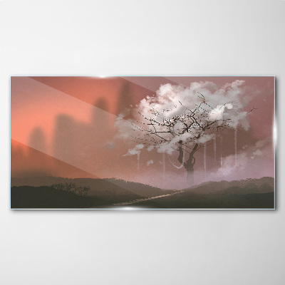 Glasbild Neblige Landschaft mit einem Baum