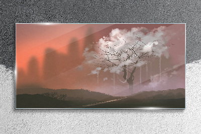 Glasbild Neblige Landschaft mit einem Baum