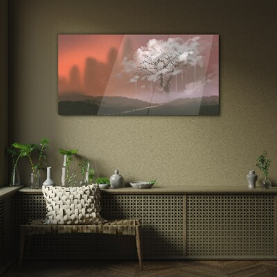 Glasbild Neblige Landschaft mit einem Baum