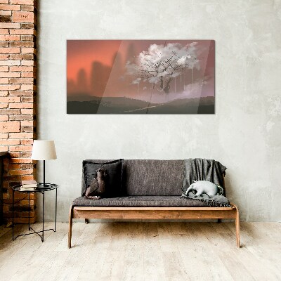 Glasbild Neblige Landschaft mit einem Baum