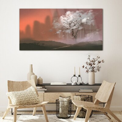 Glasbild Neblige Landschaft mit einem Baum