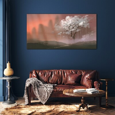 Glasbild Neblige Landschaft mit einem Baum