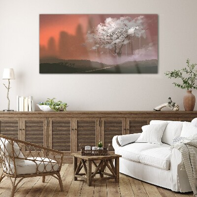 Glasbild Neblige Landschaft mit einem Baum