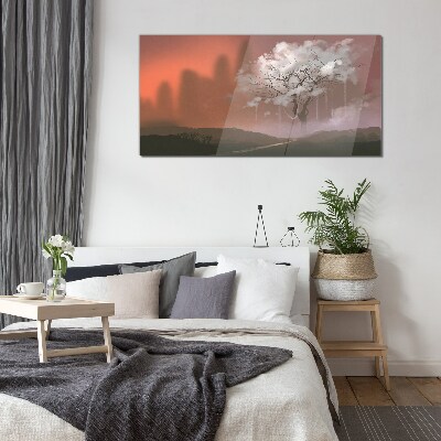Glasbild Neblige Landschaft mit einem Baum