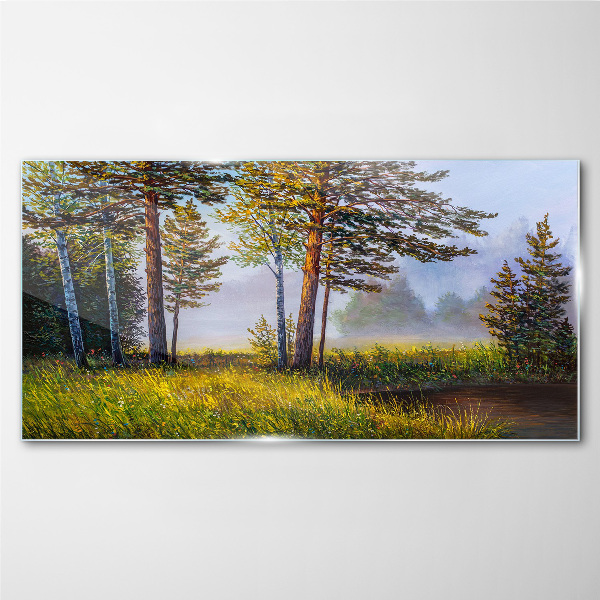 Glasbild Morgennebel im Wald