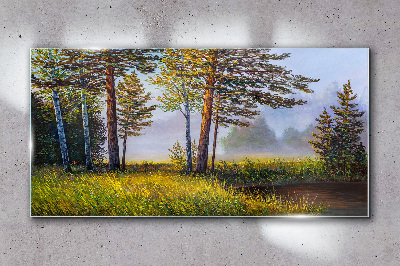 Glasbild Morgennebel im Wald