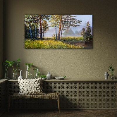 Glasbild Morgennebel im Wald