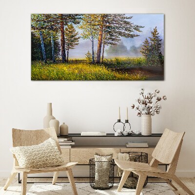 Glasbild Morgennebel im Wald