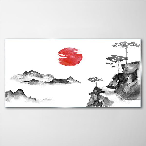 Glasbild Japanische Landschaft mit rotem Ball