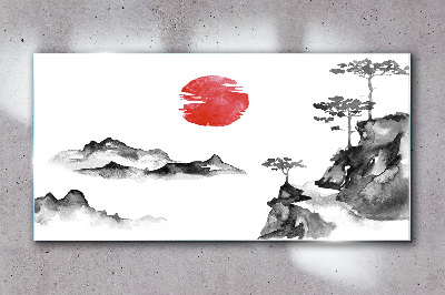 Glasbild Japanische Landschaft mit rotem Ball
