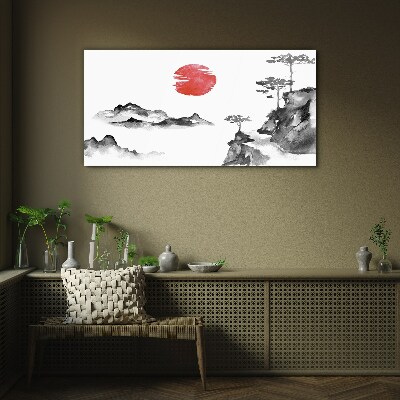 Glasbild Japanische Landschaft mit rotem Ball