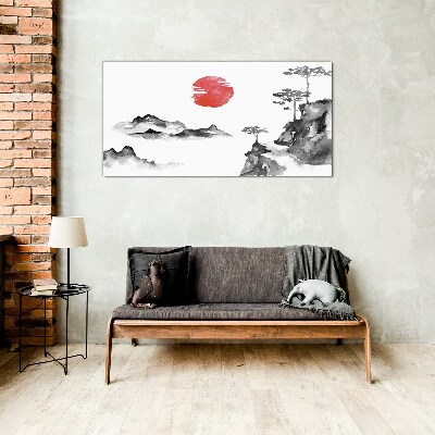 Glasbild Japanische Landschaft mit rotem Ball