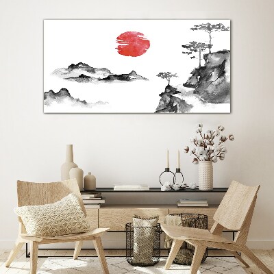 Glasbild Japanische Landschaft mit rotem Ball