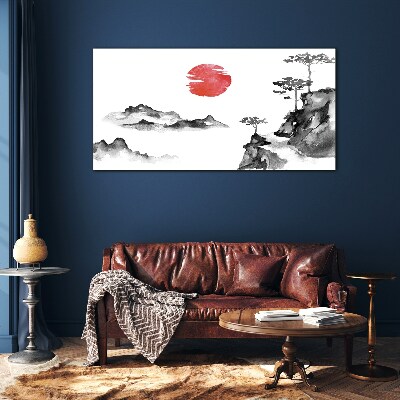Glasbild Japanische Landschaft mit rotem Ball