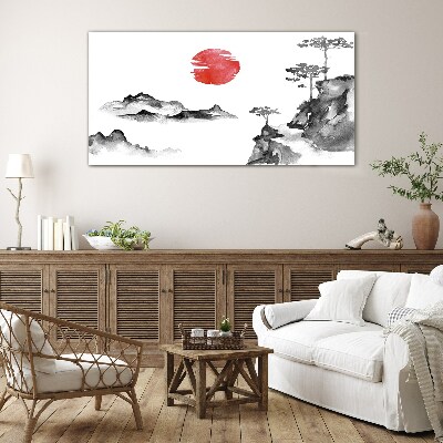 Glasbild Japanische Landschaft mit rotem Ball