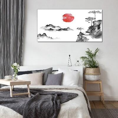 Glasbild Japanische Landschaft mit rotem Ball