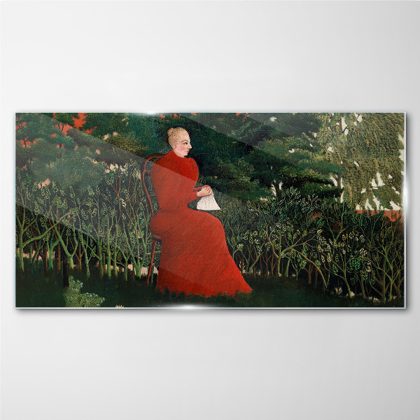 Glasbild Roter Mantel im Garten